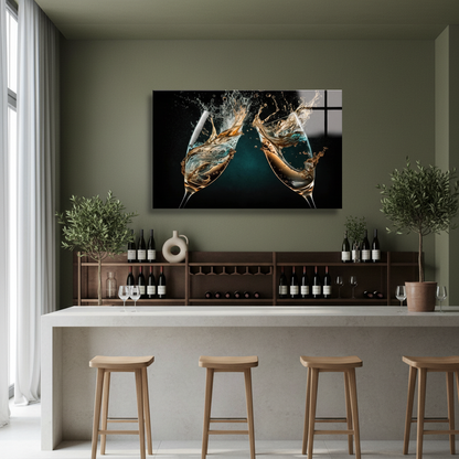 LMT-050 champagne glasses splash glass wall art in a luxury wine tasting room