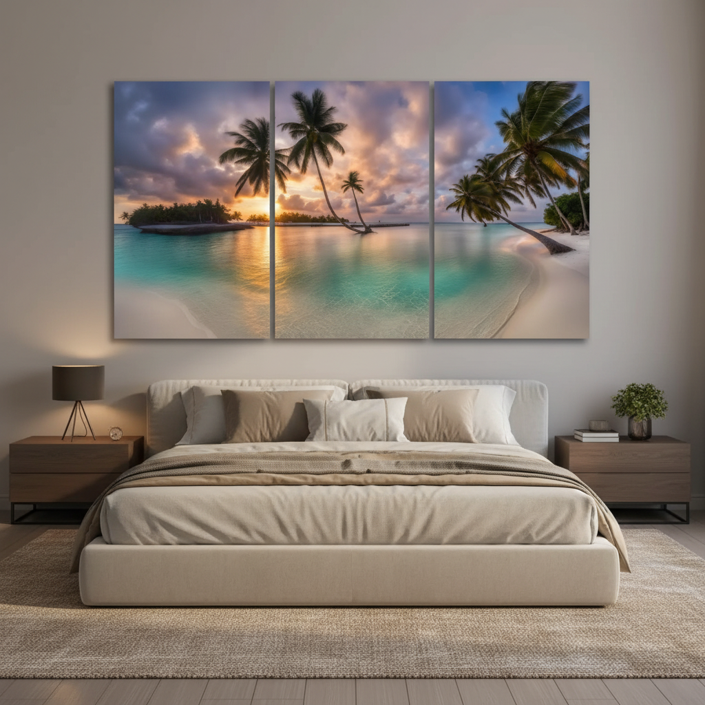 Tropical beach sunset triptych glass wall art in a luxury bedroom with warm light grey walls and soft ambient lighting