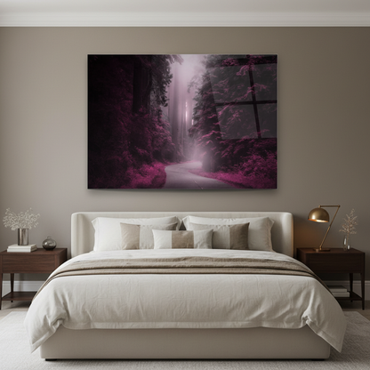 Misty purple forest glass wall art displayed in a boutique bedroom