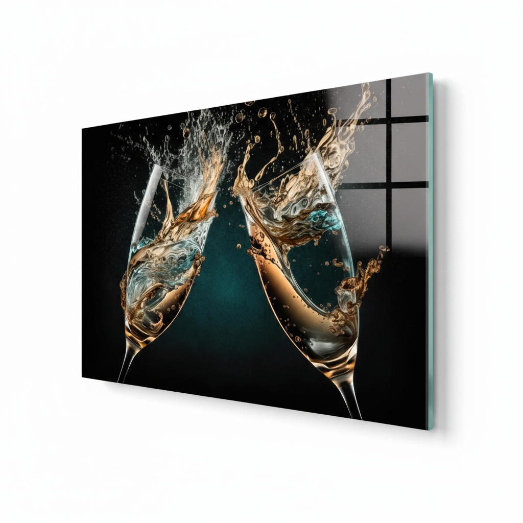 LMT-050 champagne glasses with gold and silver splash, right side view glass wall art