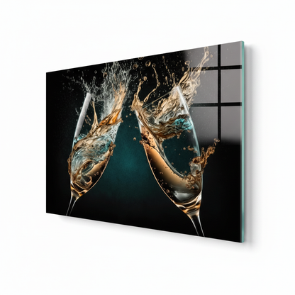 LMT-050 champagne glasses with gold and silver splash, right side view glass wall art