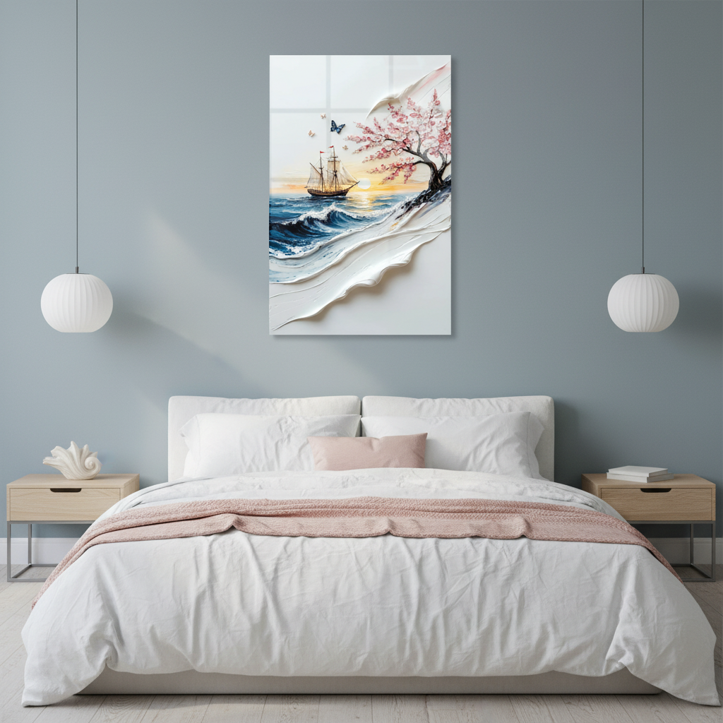 Square 1:1 coastal bedroom mockup of LMT-002, sailing ship and cherry blossom glass wall art above a white linen bed.