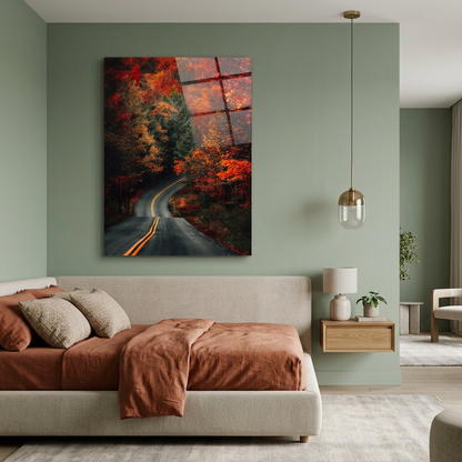 Autumn Forest Road Glass Wall Art displayed in a sage green bedroom