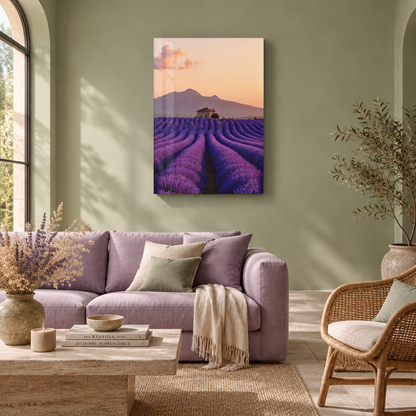 Provence lavender field glass wall art in a living room