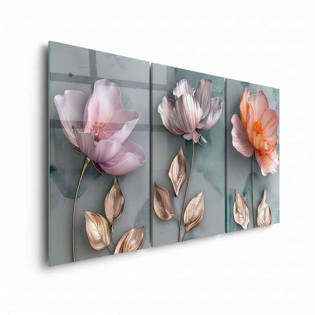 Triptych floral glass wall art - left side view