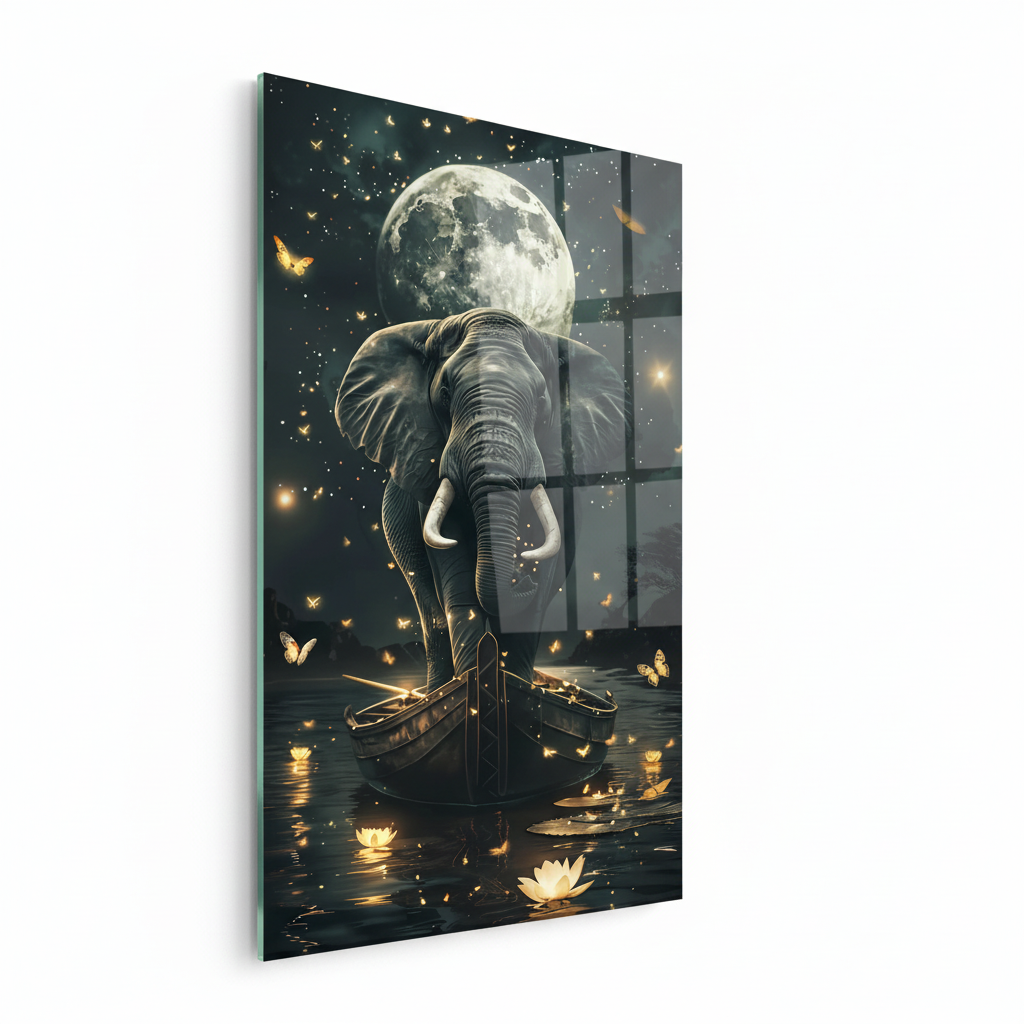 LMT-054 elephant under full moon with butterflies and lotus flowers, left side view glass wall art