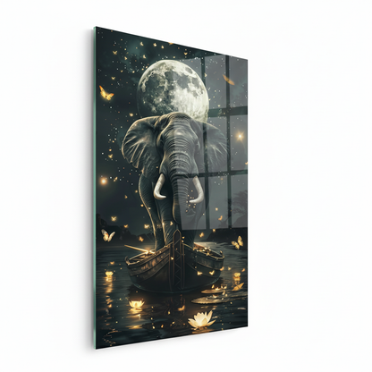 LMT-054 elephant under full moon with butterflies and lotus flowers, left side view glass wall art