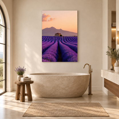Provence lavender field glass wall art in a bathroom