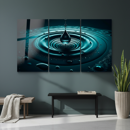 Teal water drop triptych glass wall art in an entrance hall with charcoal teal wall and black console