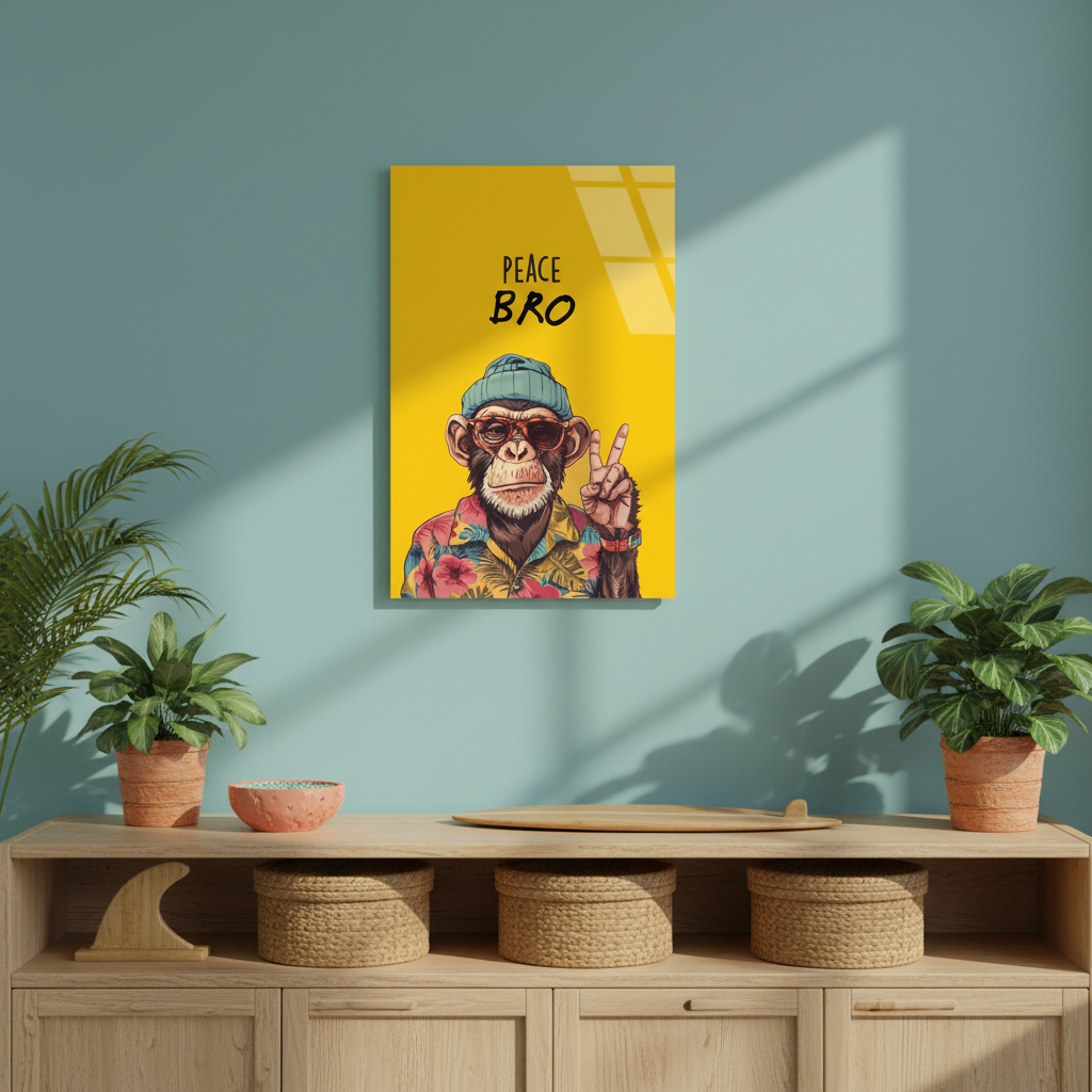 Square 1:1 beach-inspired entrance hall mockup of LMT-011, the yellow Peace Bro chimp glass wall art above a light wood console with tropical plants.