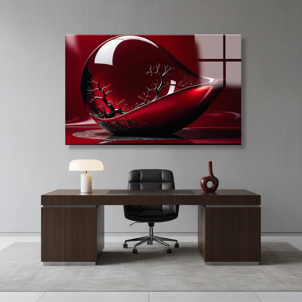LMT-051 ruby red black glossy abstract glass wall art in a luxury executive office
