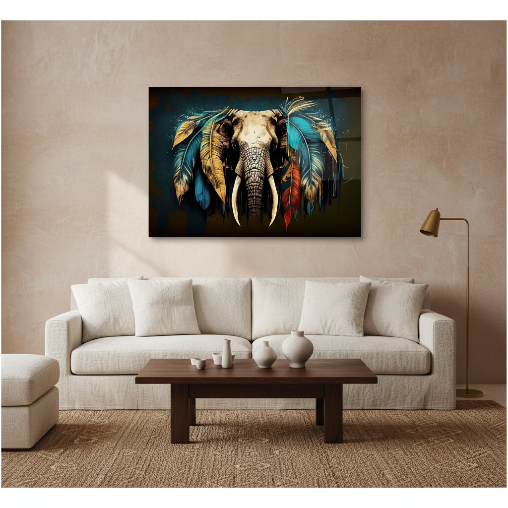 Feathered Elephant Glass Wall Art above a linen sofa in a boho luxury living room