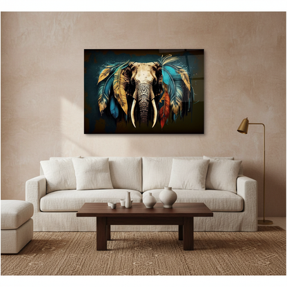 Feathered Elephant Glass Wall Art above a linen sofa in a boho luxury living room