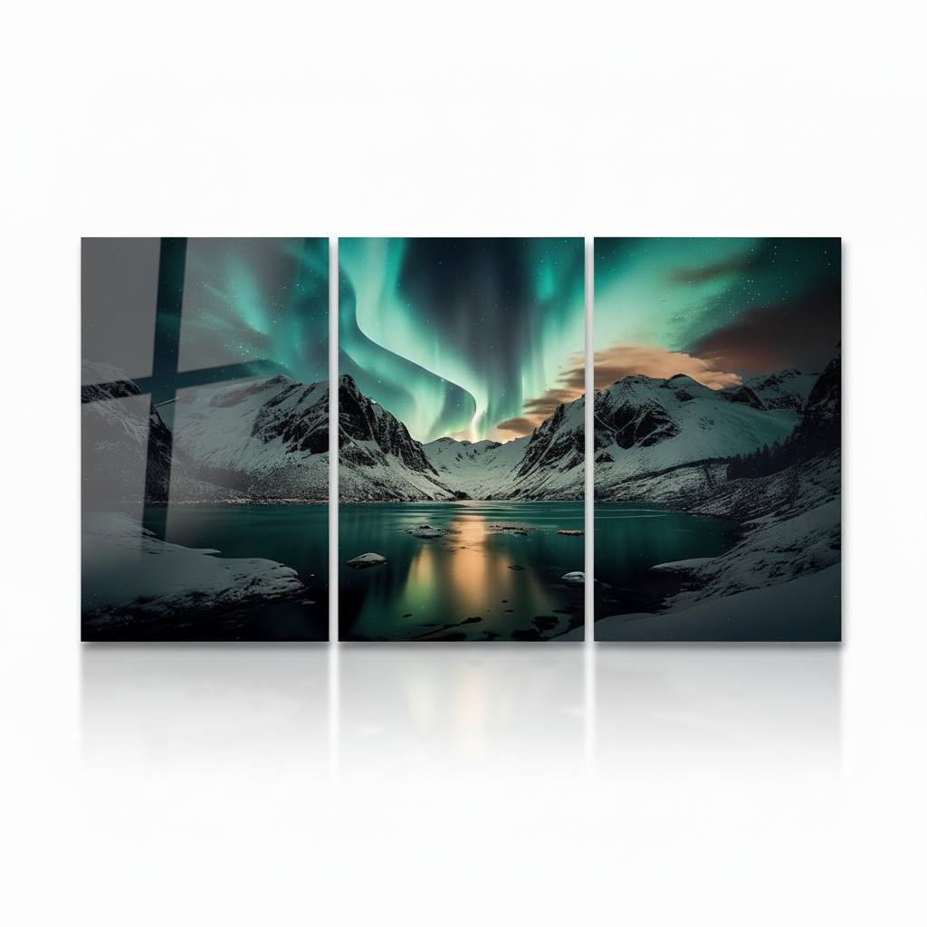 Square 1:1 presentation of the northern lights mountain lake glass wall art triptych on an extended pure white background