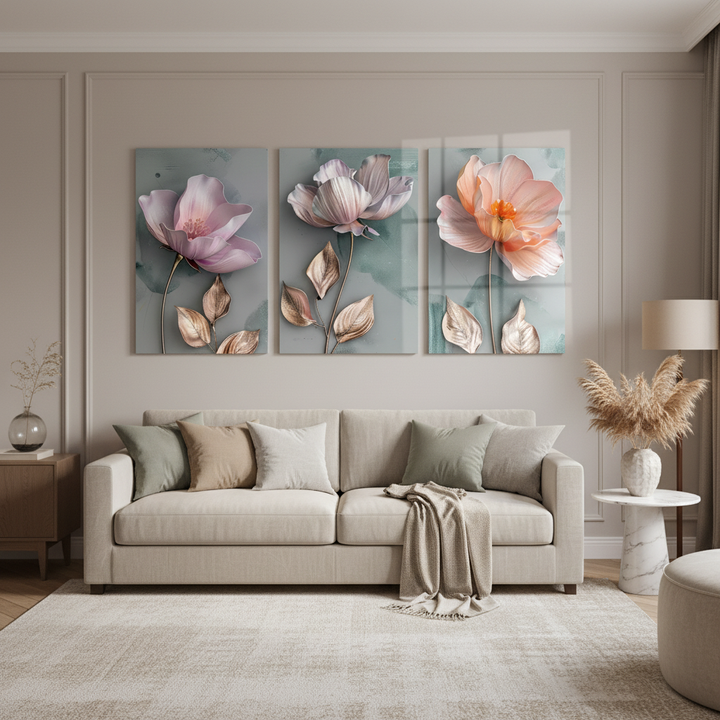 Triptych floral glass wall art - living room