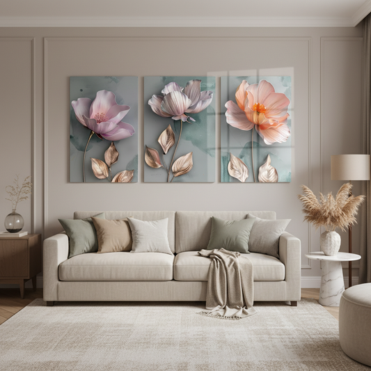 Triptych floral glass wall art - living room