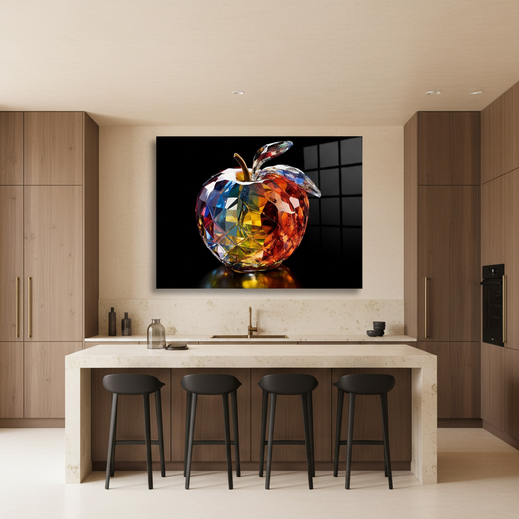 Split-Tone Crystal Apple Glass Wall Art displayed in a luxury modern kitchen.