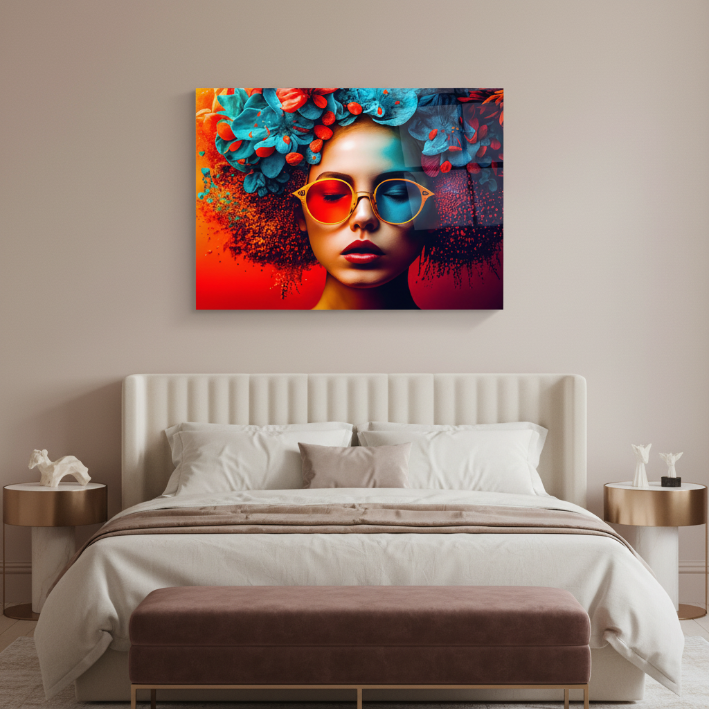 Colorful Fashion Woman Glass Wall Art above an ivory bed in a glamorous bedroom