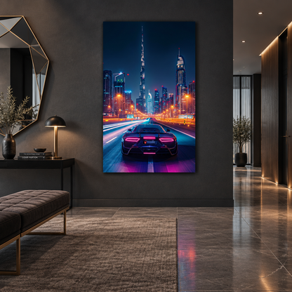 Neon city sports car glass wall art in an entrance hall