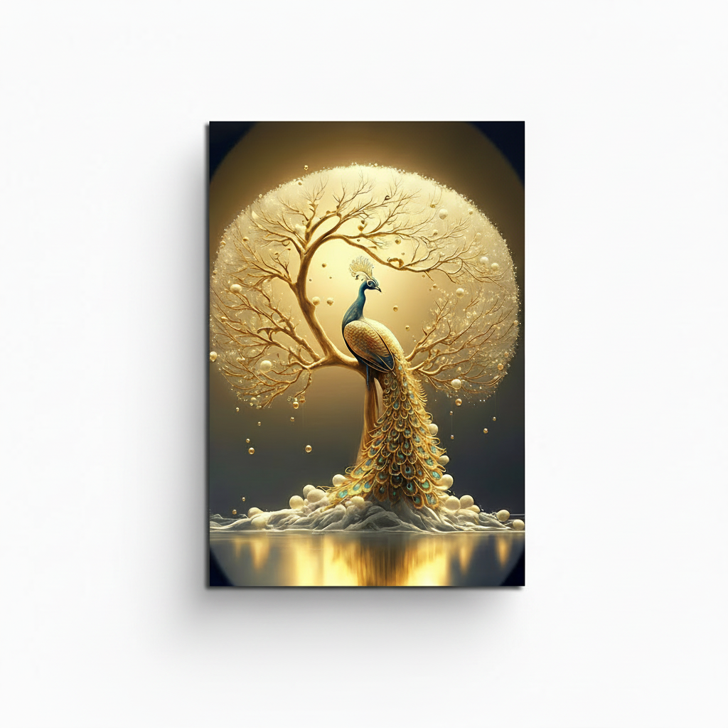 Front view of Golden Peacock Glass Wall Art, featuring a luminous golden tree and an elegant peacock with teal, turquoise, blue and gold feathers.