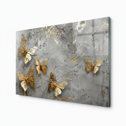 LMT-053 golden butterflies on silver grey textured marble glass wall art, right side view