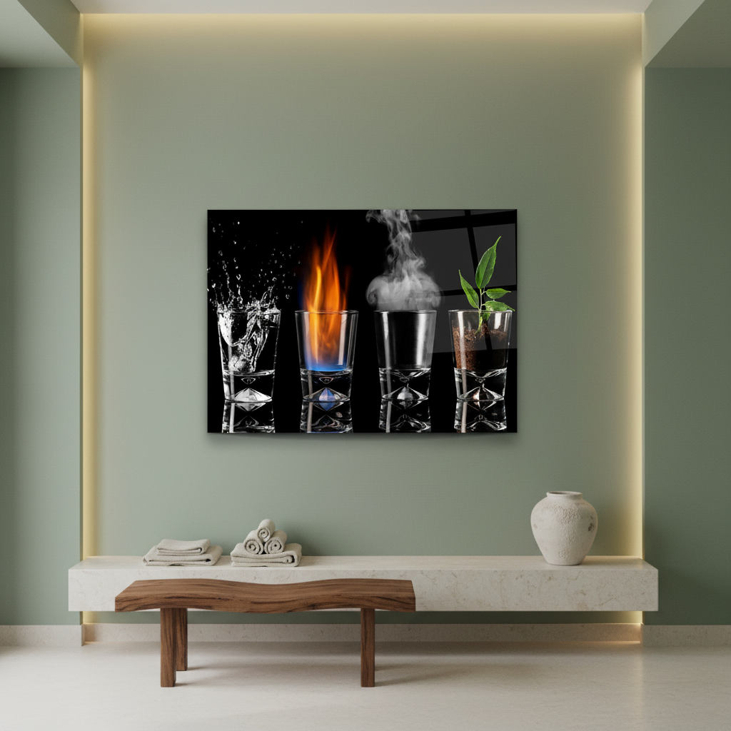 Y-307 four elements water fire smoke plant glass wall art in a luxury wellness studio