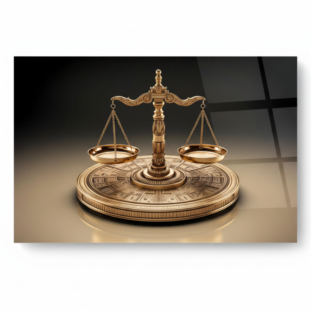 Front view of golden scales of justice horizontal glass wall art