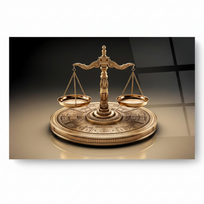 Front view of golden scales of justice horizontal glass wall art