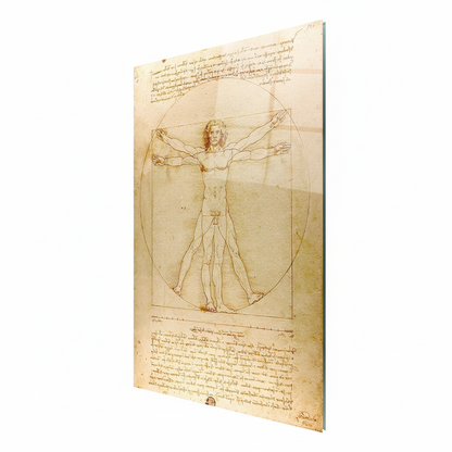 Right side view of Vitruvian Man Glass Wall Art showing the vertical glass edge and Renaissance anatomical artwork.