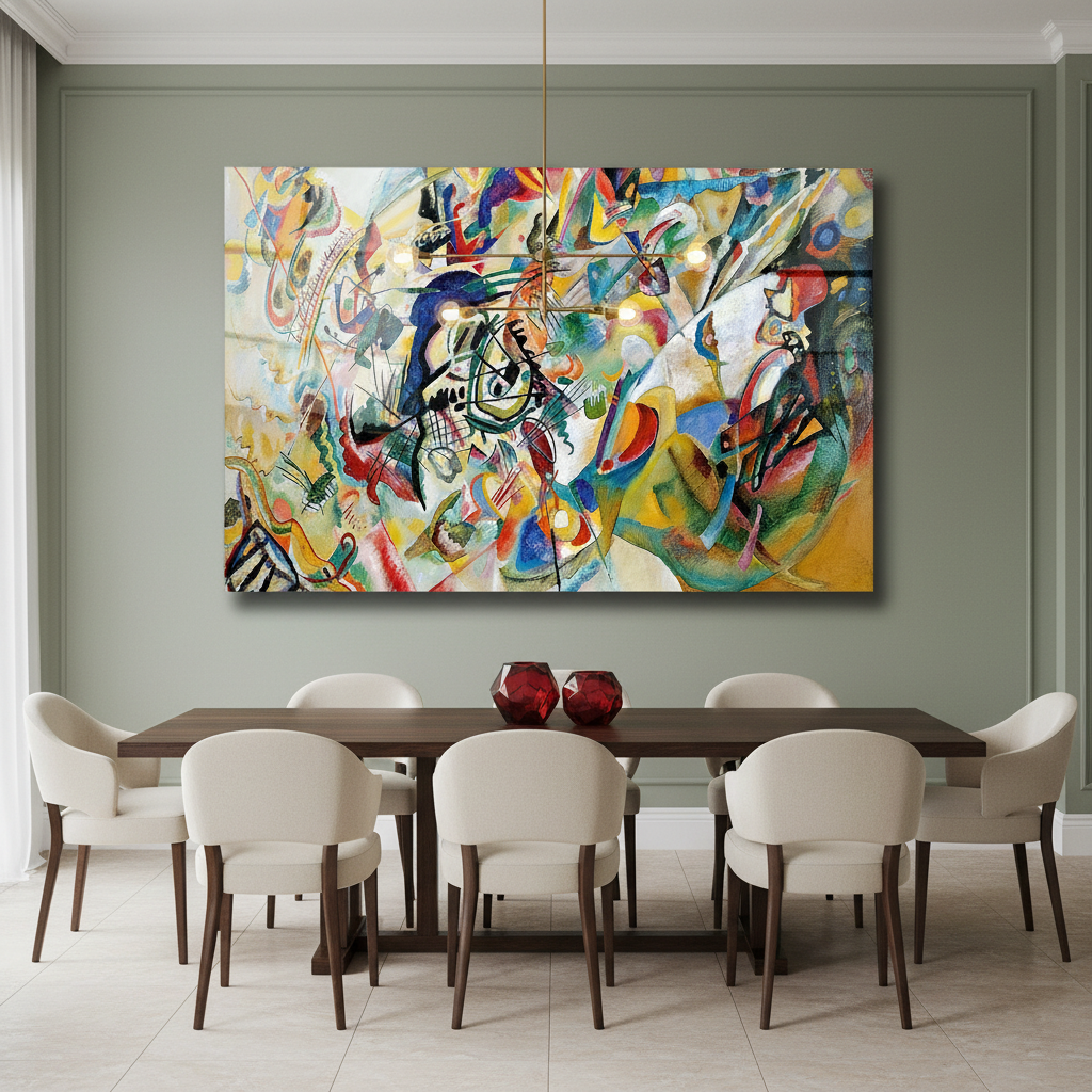 Colorful abstract horizontal glass wall art in a sage green dining room