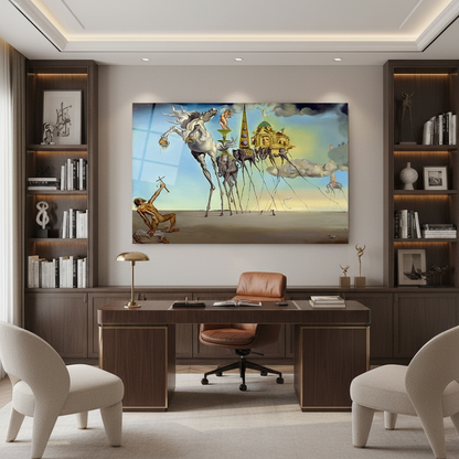 Surrealist horizontal glass wall art in a luxury executive office