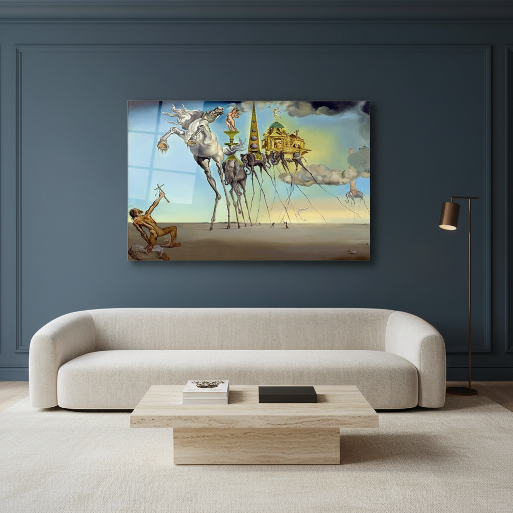 Surrealist horizontal glass wall art in a luxury blue living room