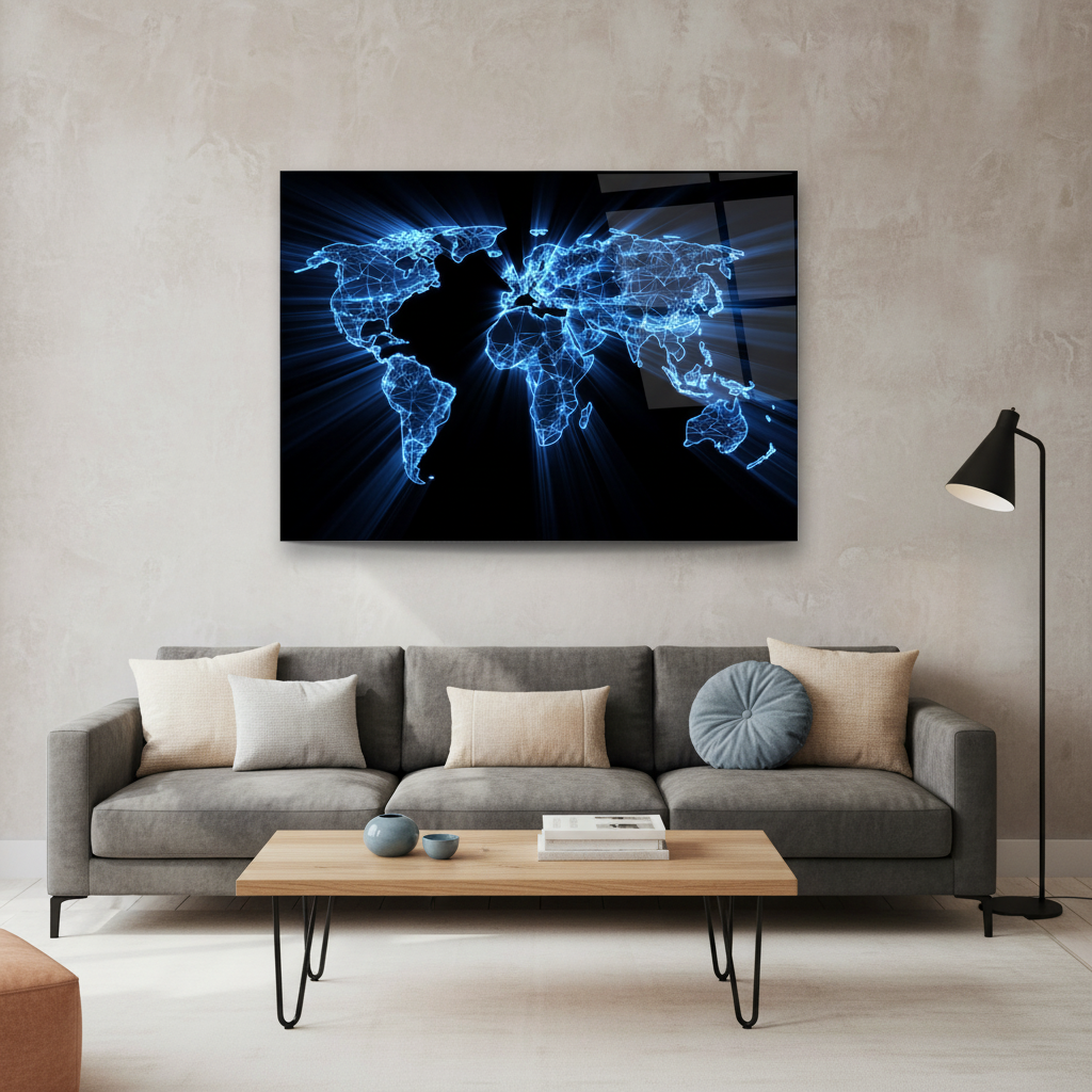 Digital World Map Glass Wall Art above a charcoal sofa in a contemporary living room