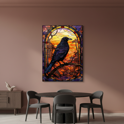 Raven Stained Glass Wall Art displayed in an elegant dining room with soft clay-red walls.