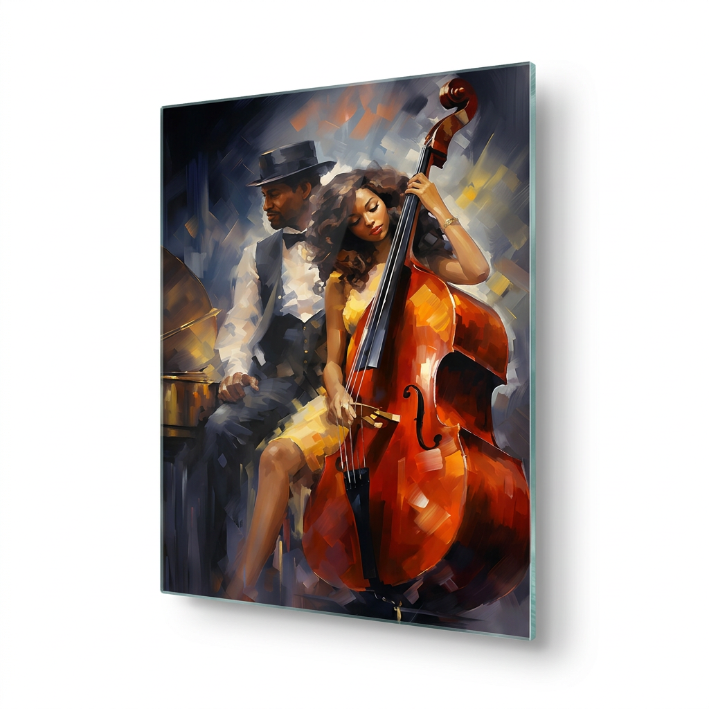 Jazz Musicians Glass Wall Art, right-side view with thin glass edge