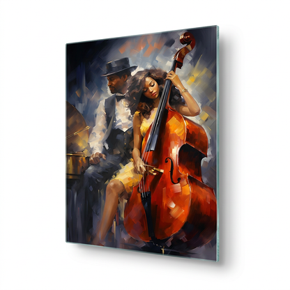 Jazz Musicians Glass Wall Art, right-side view with thin glass edge
