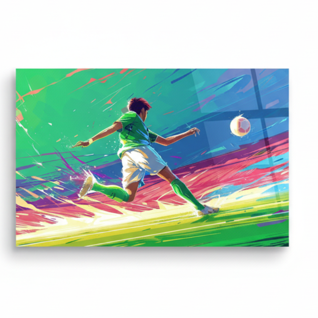 Front view of soccer player horizontal glass wall art with vivid abstract brushstrokes