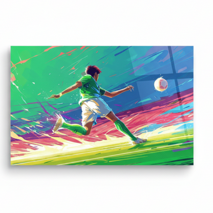 Front view of soccer player horizontal glass wall art with vivid abstract brushstrokes
