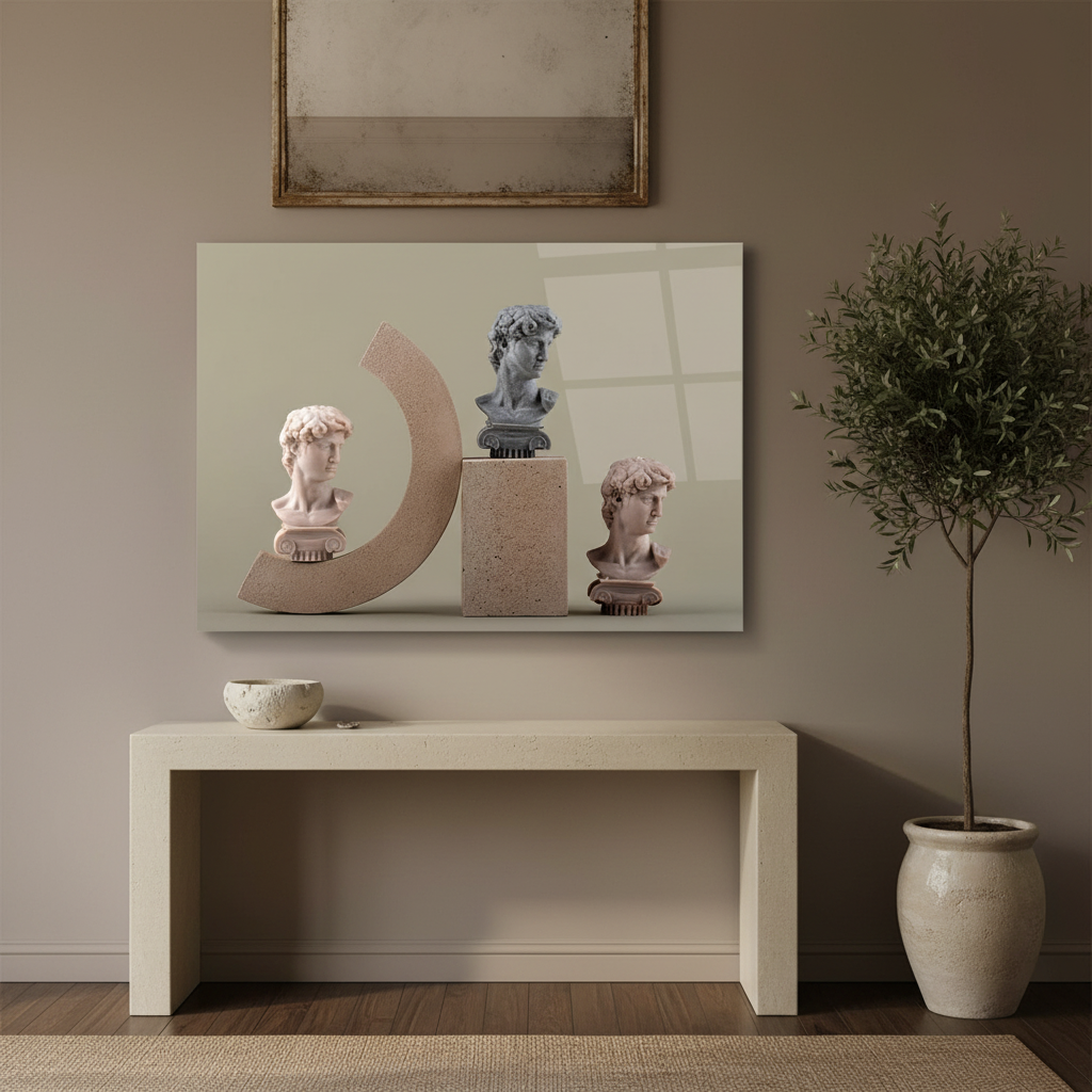 Classical Busts Glass Wall Art above a console in a refined gallery-style entrance hall