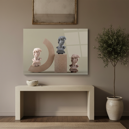 Classical Busts Glass Wall Art above a console in a refined gallery-style entrance hall