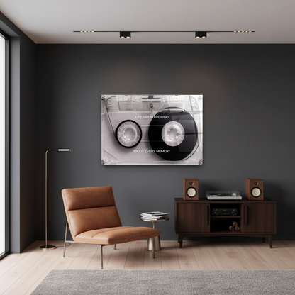 Y-301 vintage cassette Life Has No Rewind glass wall art in a luxury music room