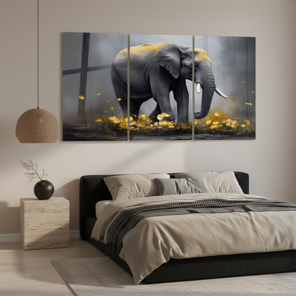 T-39 African elephant and golden leaves triptych glass wall art in a luxury bedroom with sand-beige walls