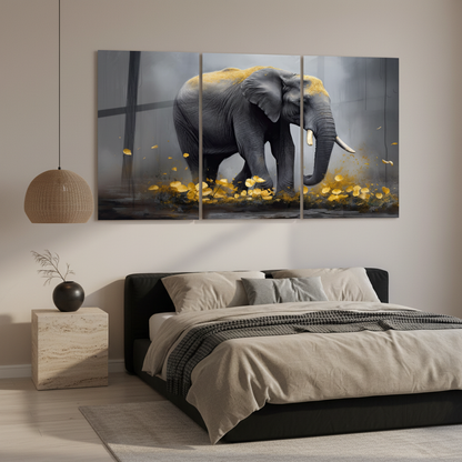 T-39 African elephant and golden leaves triptych glass wall art in a luxury bedroom with sand-beige walls