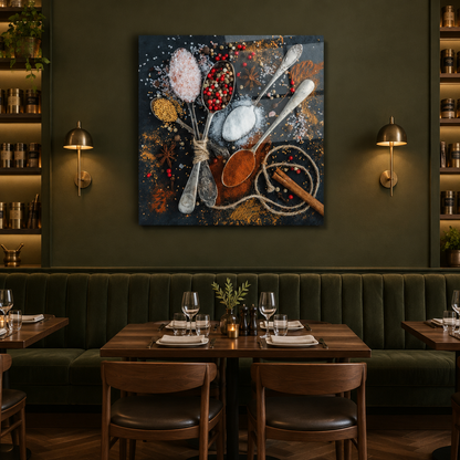 Glass wall art displayed in an upscale spice-themed restaurant with olive-green walls