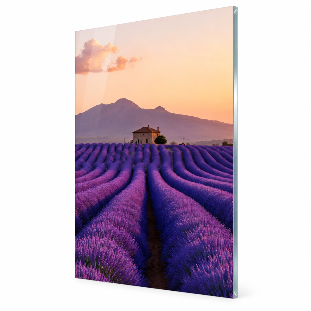 Provence lavender field glass wall art, right angle view, 5:7 panel