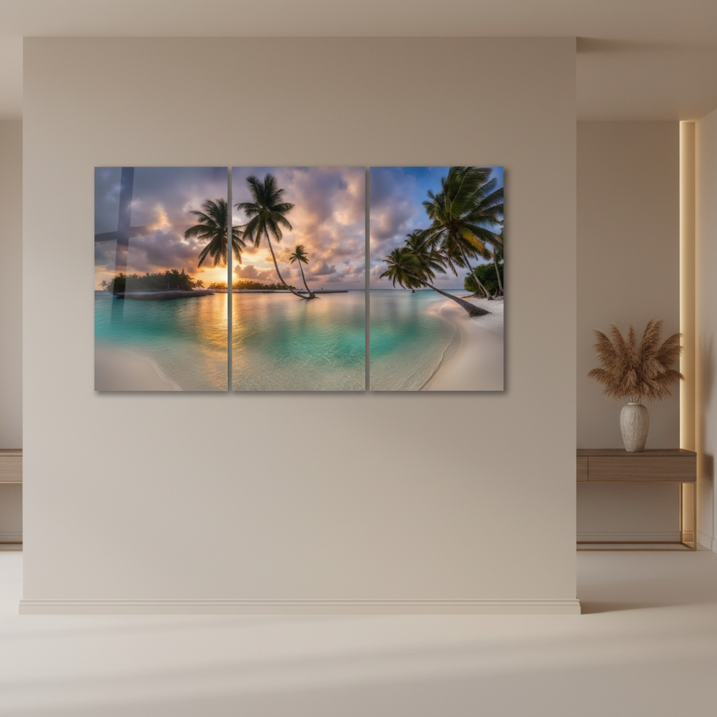 Tropical beach sunset triptych glass wall art in a luxury entrance hall with sand beige walls and a pampas grass vase on the console
