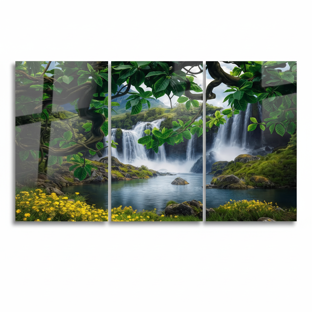 Front view of the three-panel waterfall forest glass wall art triptych on a pure white background