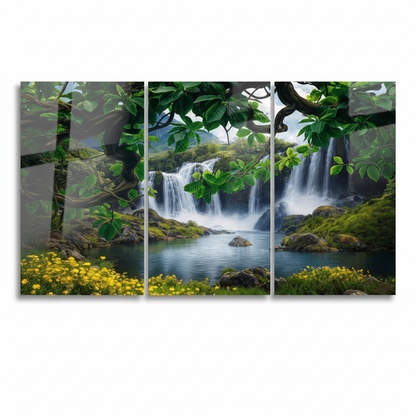 Front view of the three-panel waterfall forest glass wall art triptych on a pure white background