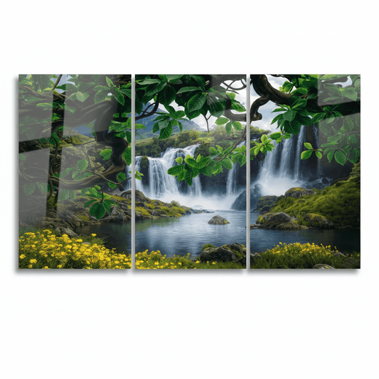 Front view of the three-panel waterfall forest glass wall art triptych on a pure white background