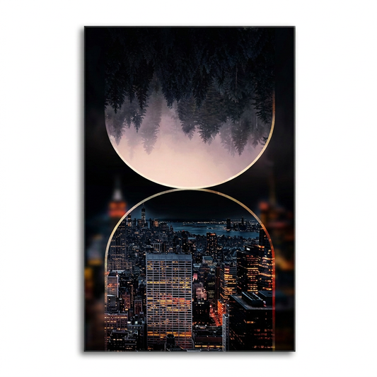 D-176 forest and night city glass wall art on square white background